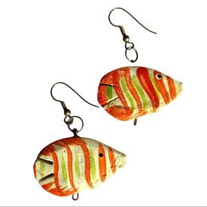 VINTAGE Hand Painted Orange and Green Wooden Fish Earrings